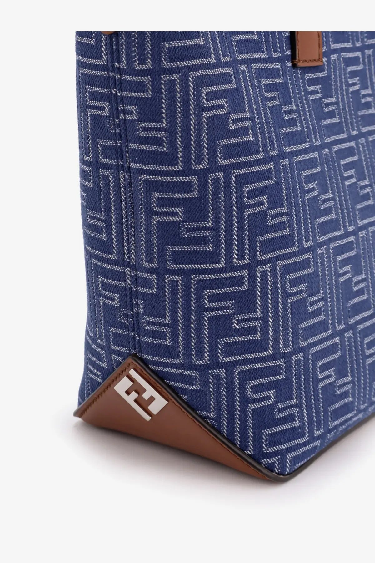 Blue denim Fendi men’s tote bag with white FF logo pattern and brown leather accents for shopping use