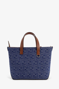 Blue fendi men’s tote bag in ff jacquard fabric with beige leather handles and repeating logo pattern