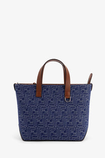 Blue fendi men’s ff jacquard fabric tote bag with brown leather handles and repeating ff logo pattern beige details