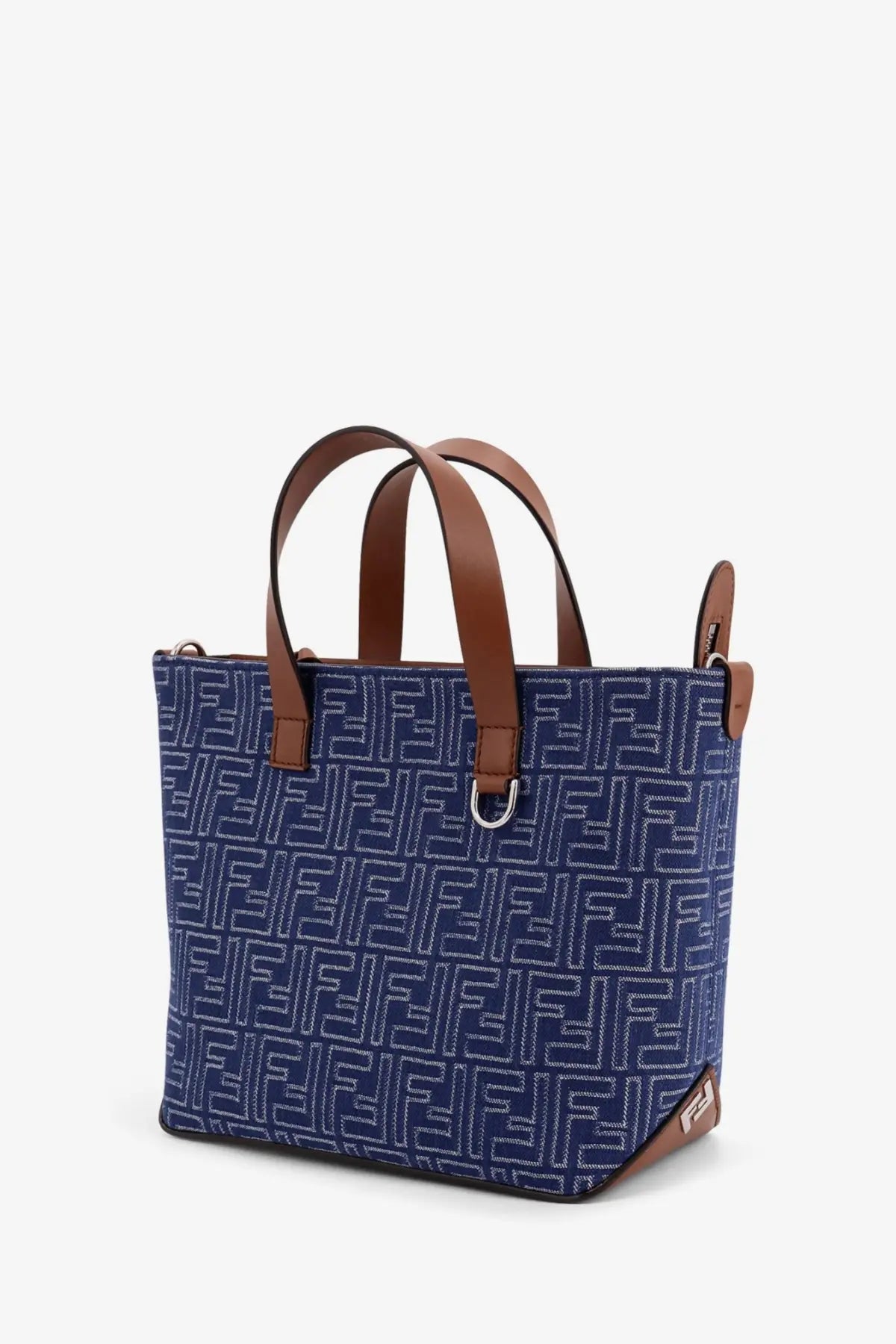 Blue fendi tote bag with brown leather handles and trim featuring ff jacquard fabric and leather design
