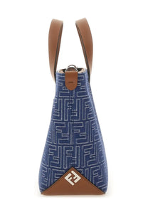 Fendi men’s blue canvas tote bag with white ff logo pattern and brown leather handles and base trim