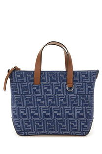 Blue fendi men’s ff small shopping tote bag with repeating ff logo in white thread and brown leather handles and trim