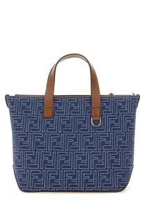 Blue fendi men’s ff small shopping tote bag with brown leather handles and repeating ff logo pattern