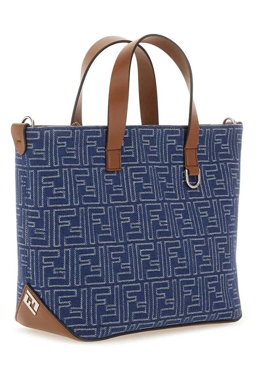 Fendi men’s ff small shopping bag blue with brown leather handles and trim tote bag for everyday use