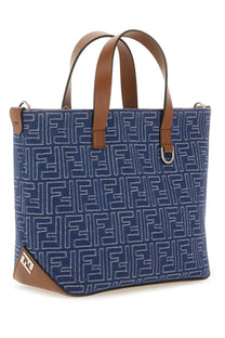 Fendi men’s ff small shopping bag blue with brown leather handles and trim tote bag for everyday use