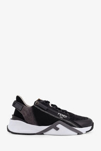 Fendi men’s Fendi Flow slip on sneakers in black with chunky white and gray sole suede and mesh materials