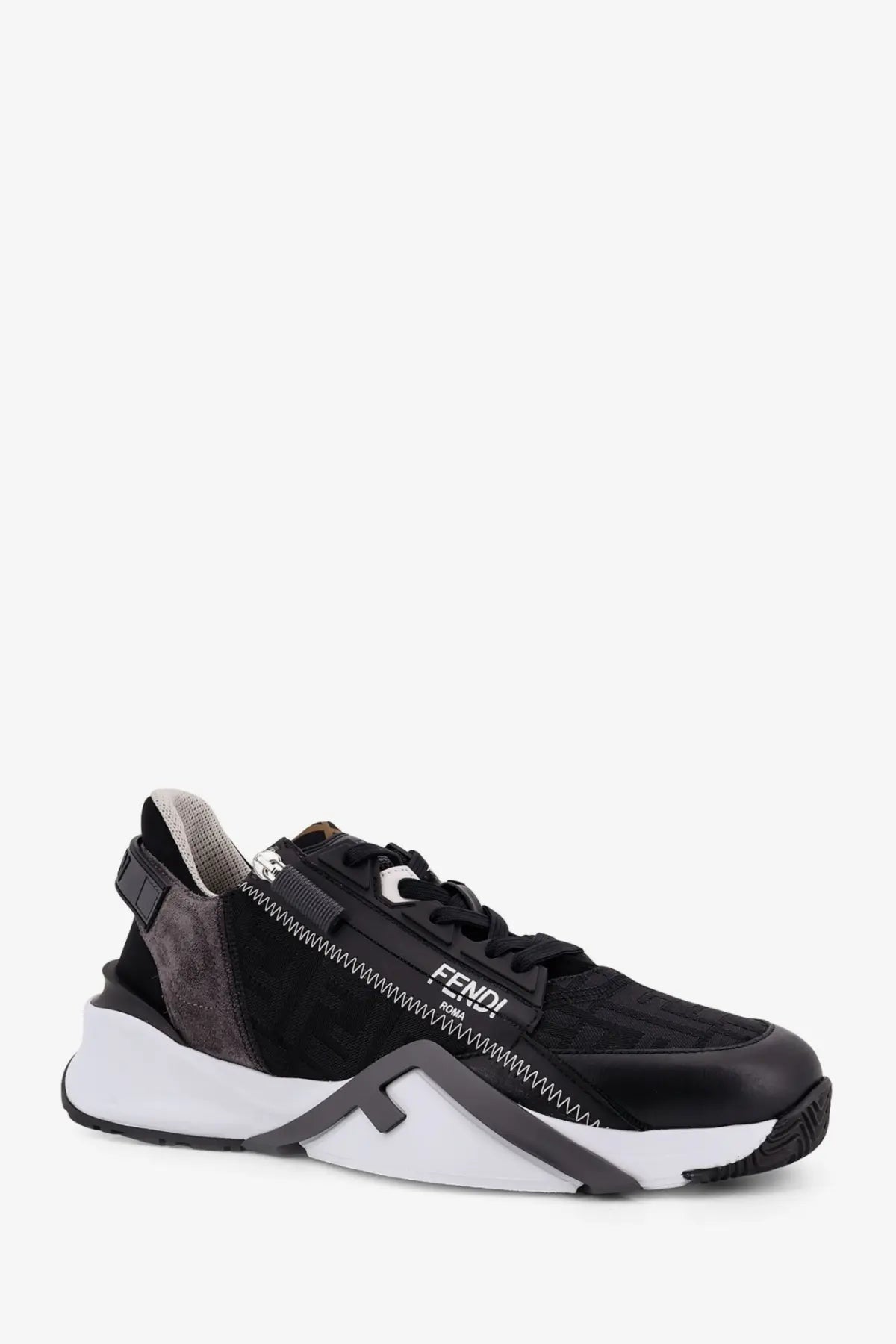 Fendi men’s Fendi Flow slip on sneakers black with suede and mesh upper and bold chunky white gray zipper sole