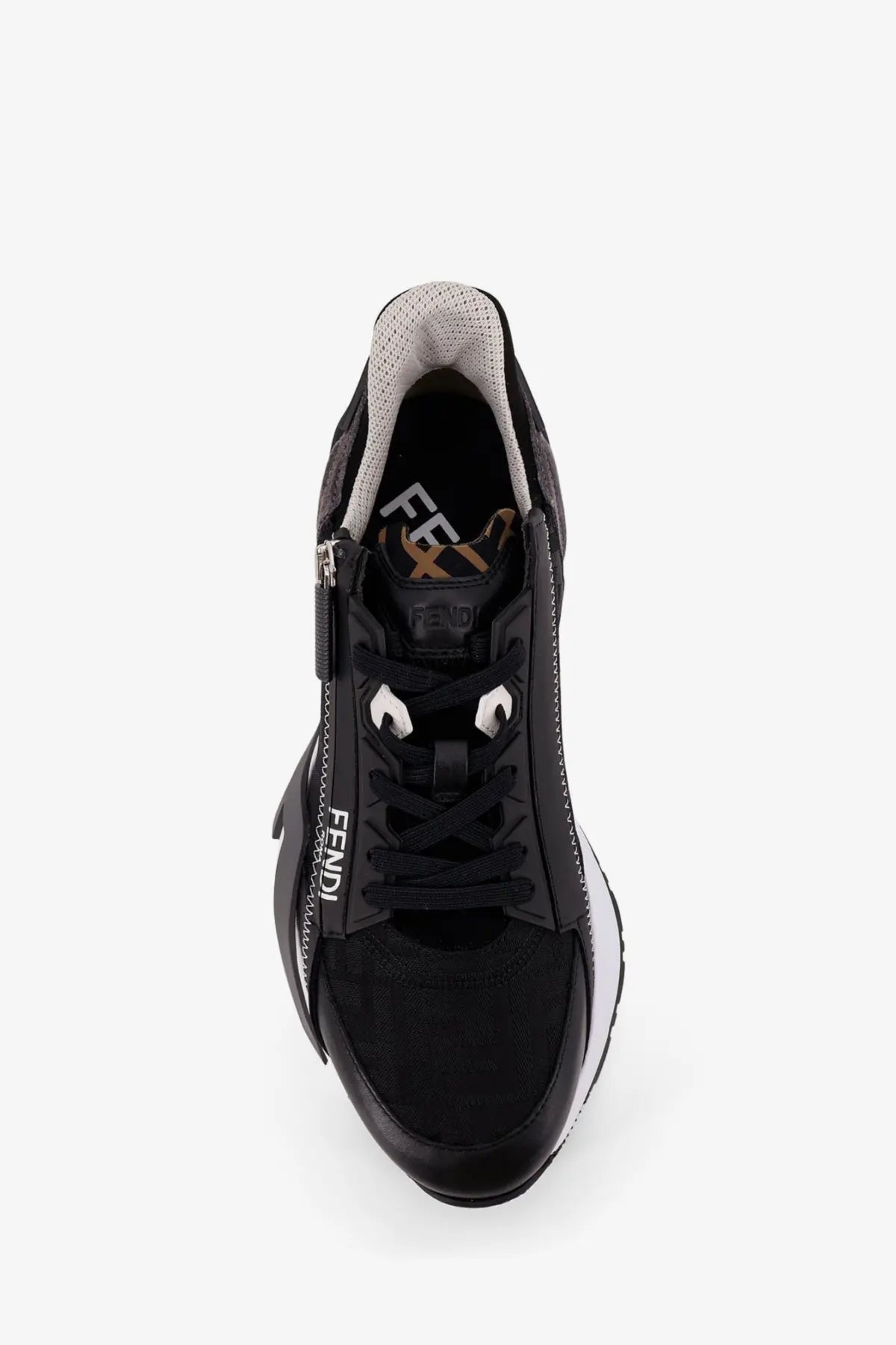 Fendi men’s black slip on sneaker with white accents and distinctive logo on the side for casual wear