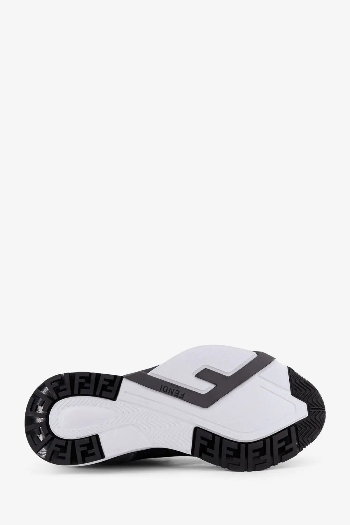 Black and white fendi men’s fendi flow slip on sneaker with bold repeating ff logo pattern on rubber sole