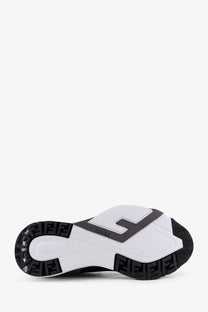 Black and white fendi men’s fendi flow slip on sneaker with bold repeating ff logo pattern on rubber sole