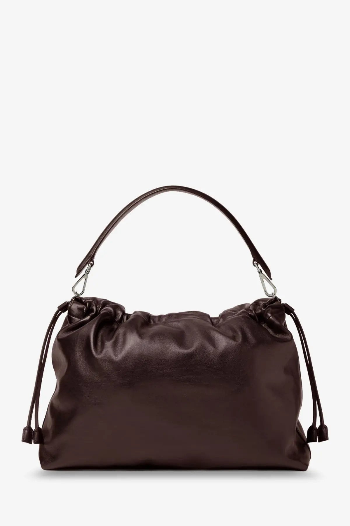 Dark brown leather mens fendi flux maxi messenger shoulder bag with drawstring closure and silver hardware