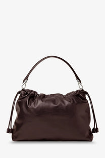Dark brown leather mens fendi flux maxi messenger shoulder bag with drawstring closure and silver hardware