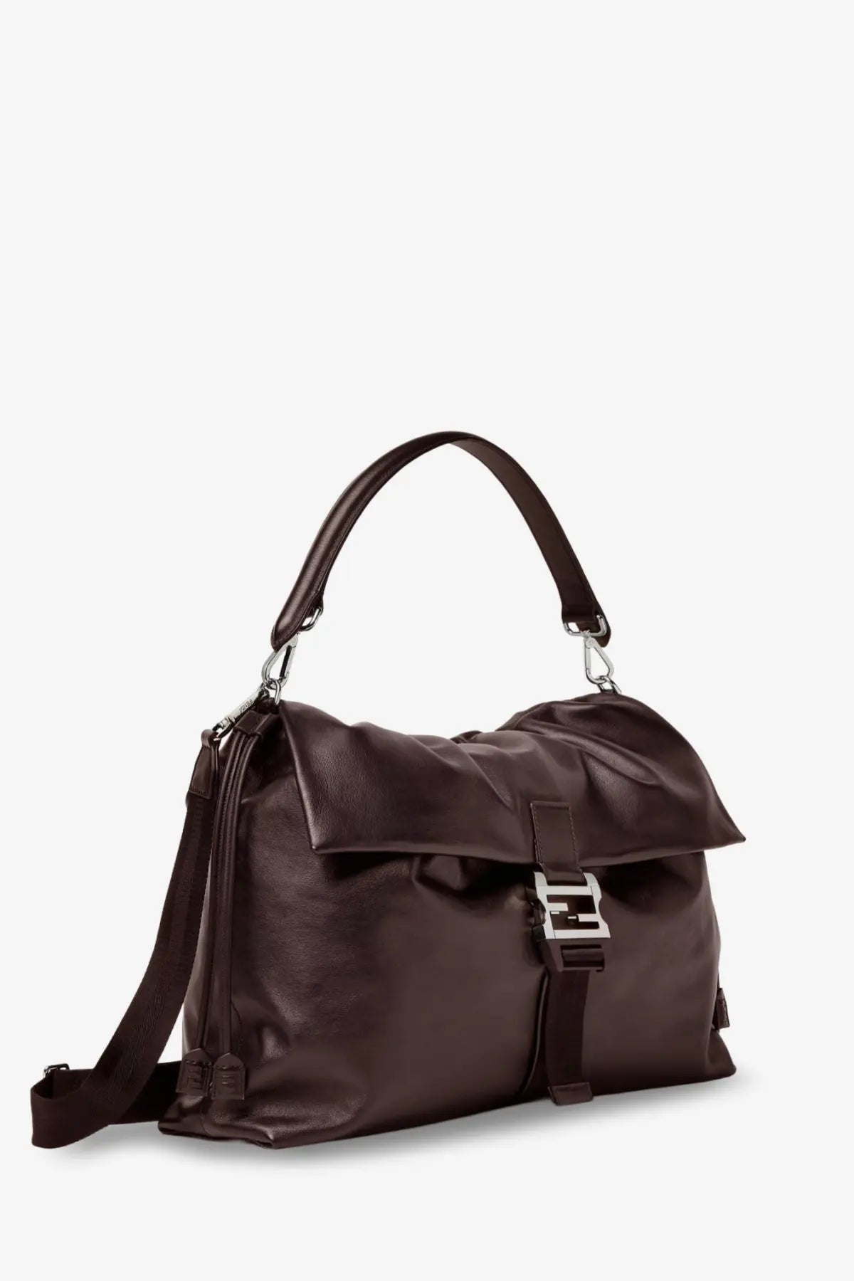 Dark brown leather fendi men’s flux maxi messenger shoulder bag with silver f-shaped buckle and matching top handle