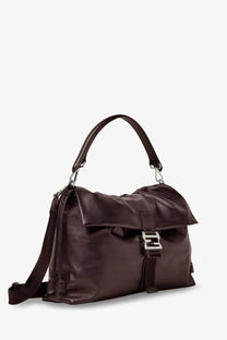 Dark brown leather fendi men’s flux maxi messenger shoulder bag with silver f-shaped buckle and matching top handle