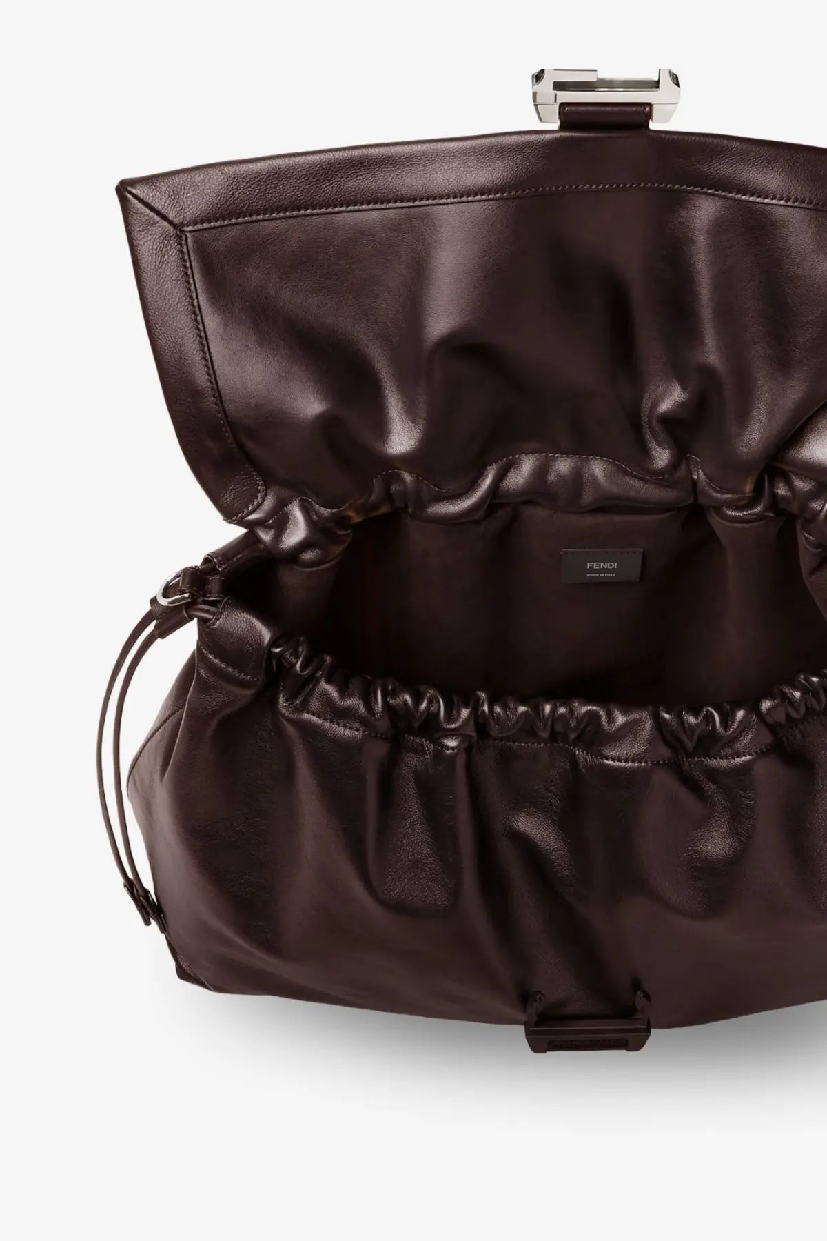 Dark brown fendi leather clutch with ruched design and silver-toned clasp for men’s fendi flux maxi messenger bag