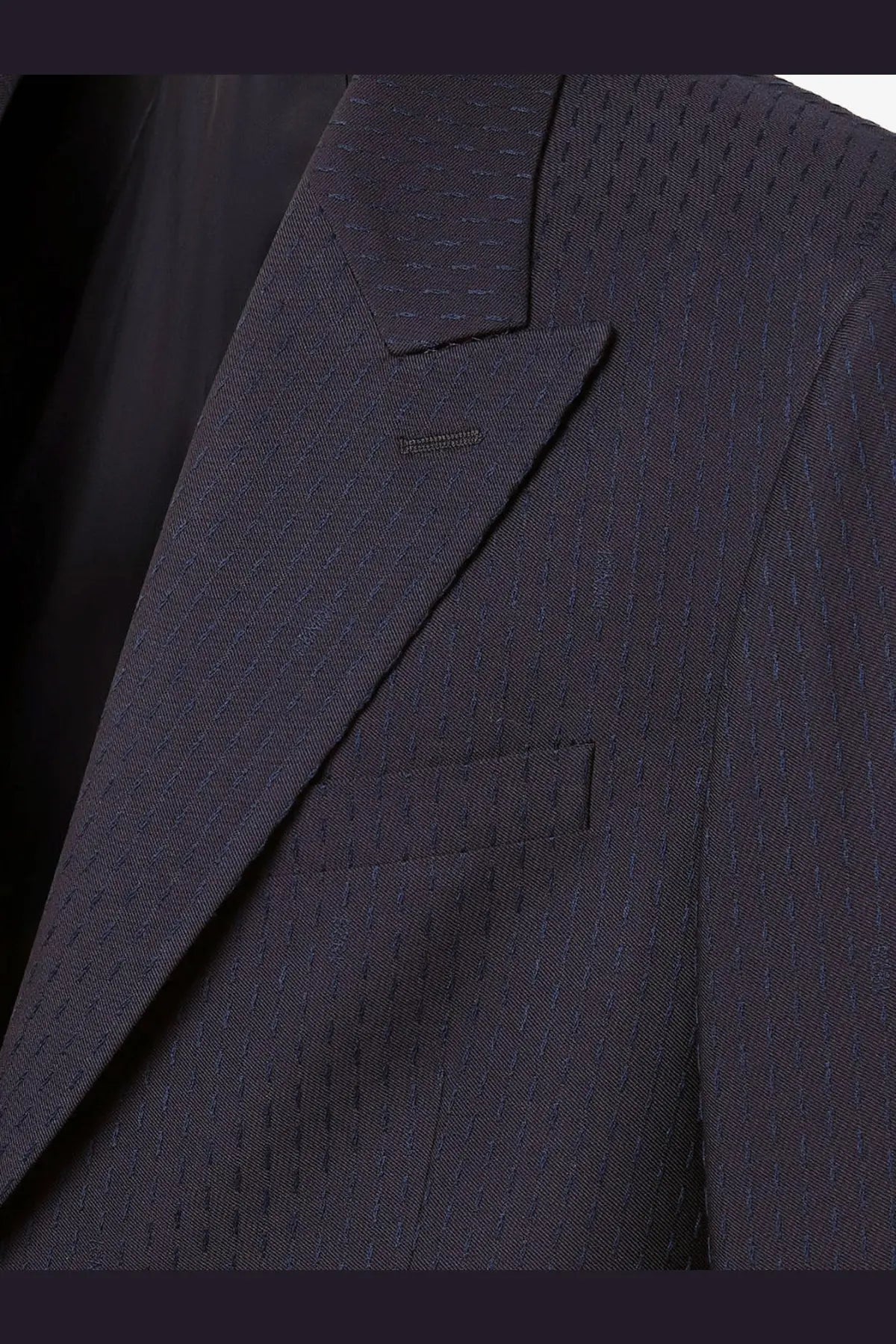 Fendi men’s formal blazer in grey wool and cotton featuring a dark navy pinstripe wool jacket with textured weave and lapel
