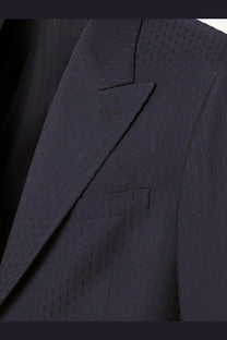 Fendi men’s formal blazer in grey wool and cotton featuring a dark navy pinstripe wool jacket with textured weave and lapel