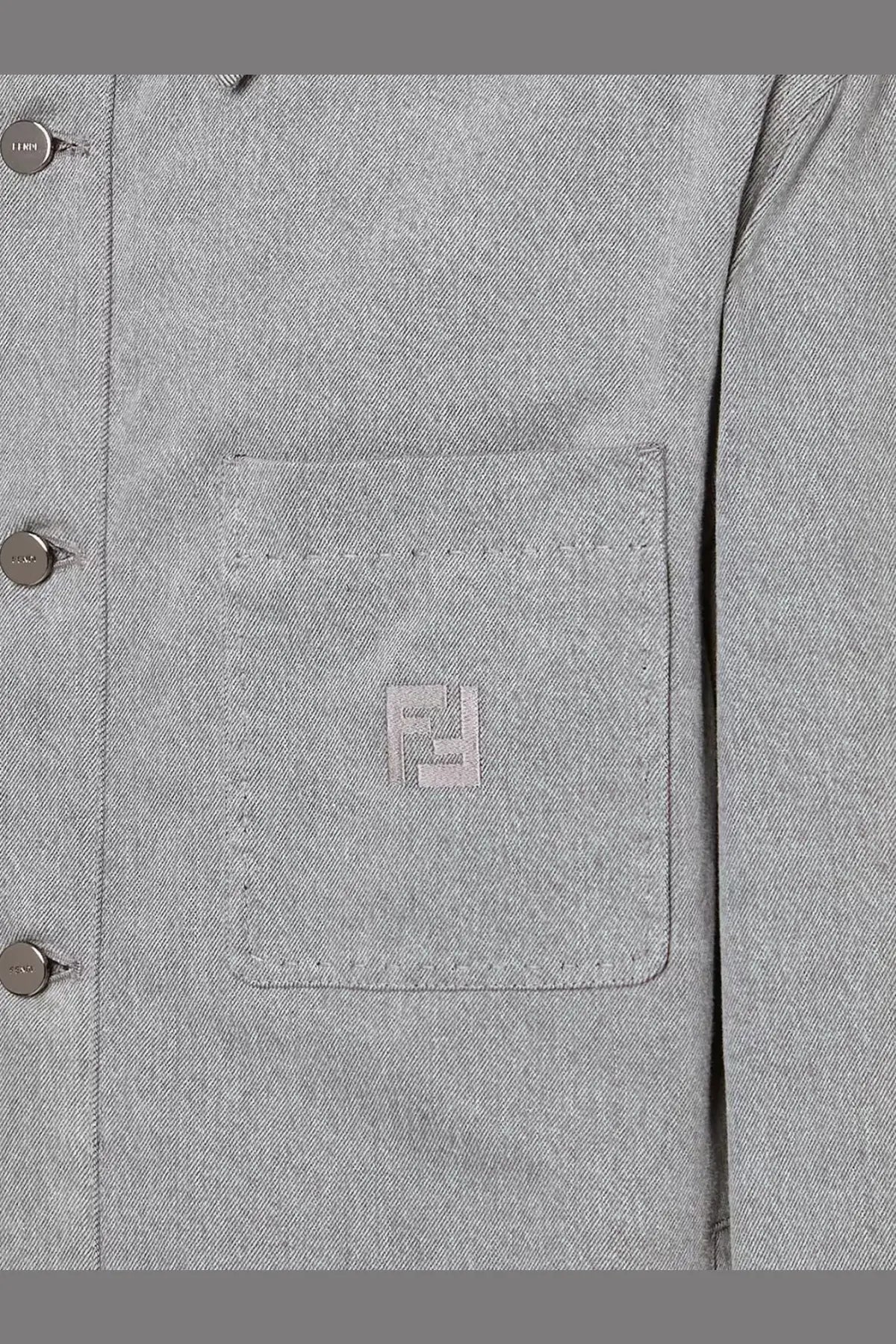 Fendi men’s stone bleached grey denim jacket with subtle embroidered logo on the chest pocket