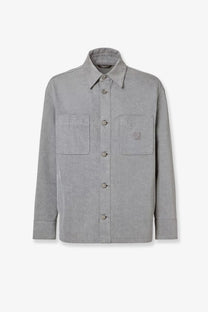 Fendi men’s denim stone bleached grey jacket featuring gray textured cotton button-up with two front pockets and brand patch