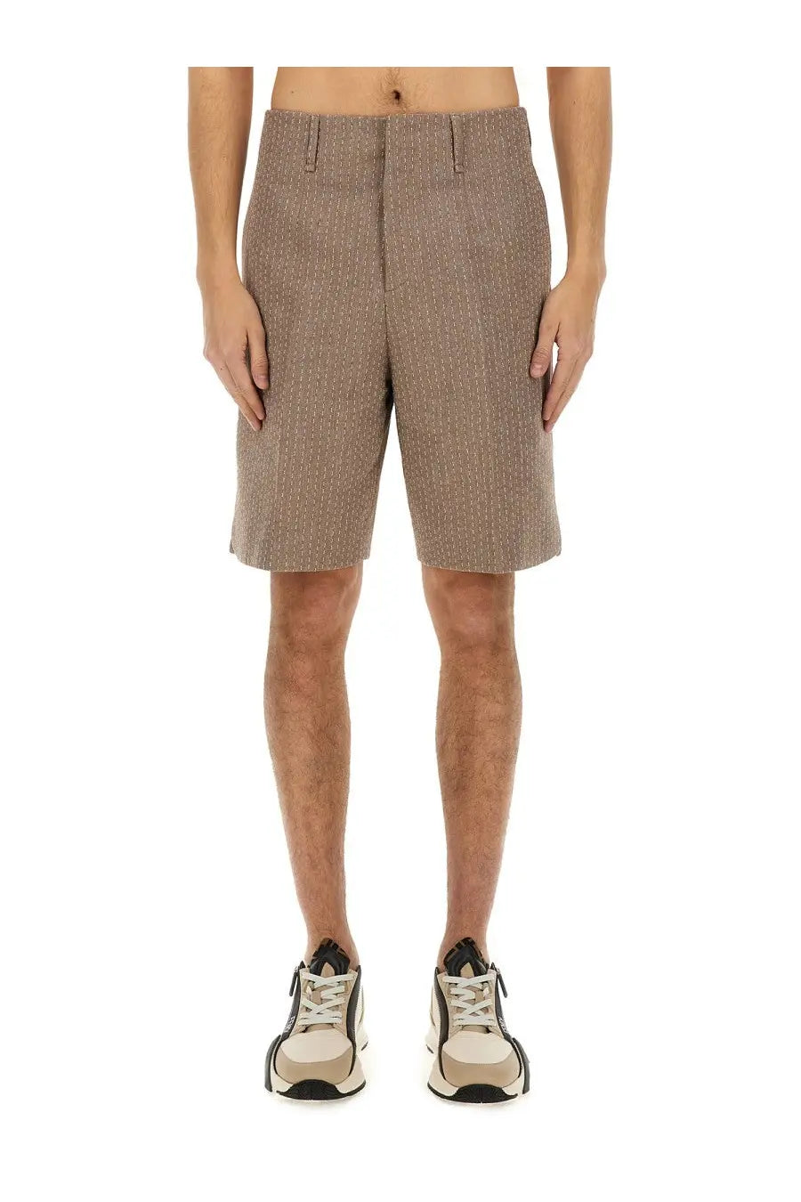 Fendi men’s jacquard bermuda shorts beige with brown textured fabric and subtle white dot pattern