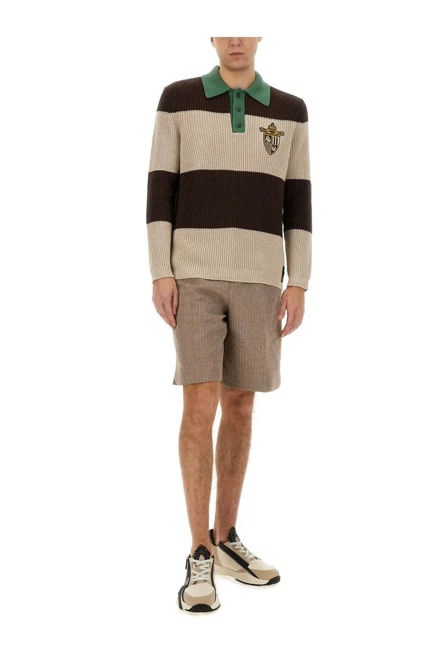 Fendi men’s long-sleeved polo sweater with beige and dark brown stripes and green collar featuring embroidered crest