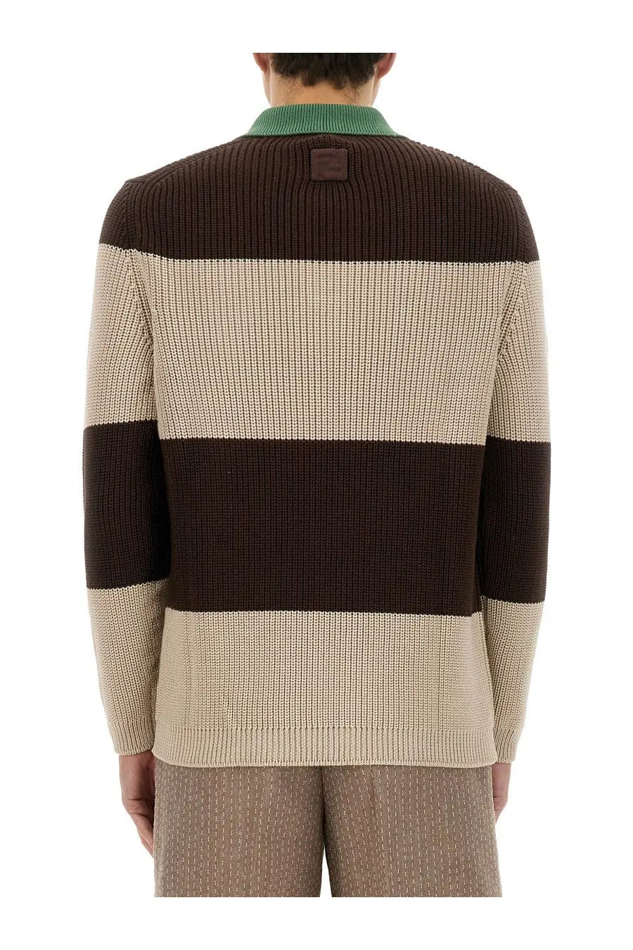 Fendi men’s jersey polo in brown and beige striped knit with a green ribbed collar for casual wear