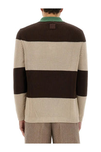 Fendi men’s jersey polo in brown and beige striped knit with a green ribbed collar for casual wear
