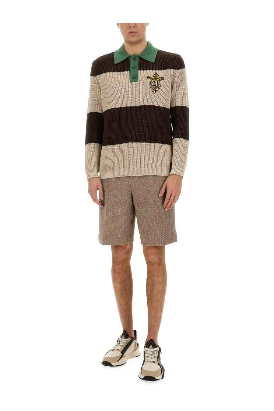 Fendi men’s jersey polo shirt in brown and beige stripes with a green collar and embroidered crest