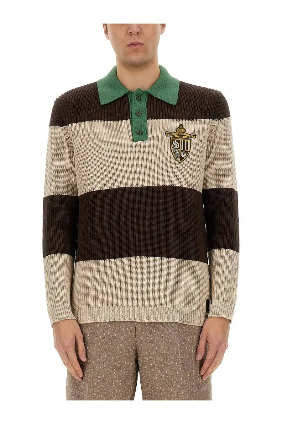 Fendi men’s multicolor jersey polo shirt with brown beige stripes green collar three-button placket embroidered shield logo
