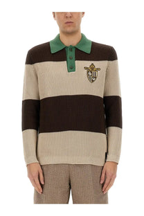 Fendi men’s multicolor jersey polo shirt with brown beige stripes green collar three-button placket embroidered shield logo
