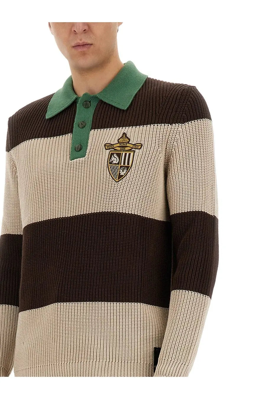 Fendi men’s multicolor jersey polo sweater with brown beige stripes green collar and embroidered crest front view