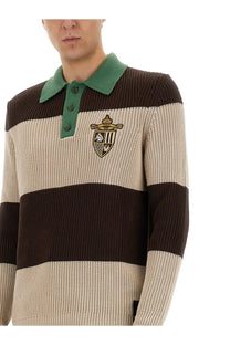 Fendi men’s multicolor jersey polo sweater with brown beige stripes green collar and embroidered crest front view