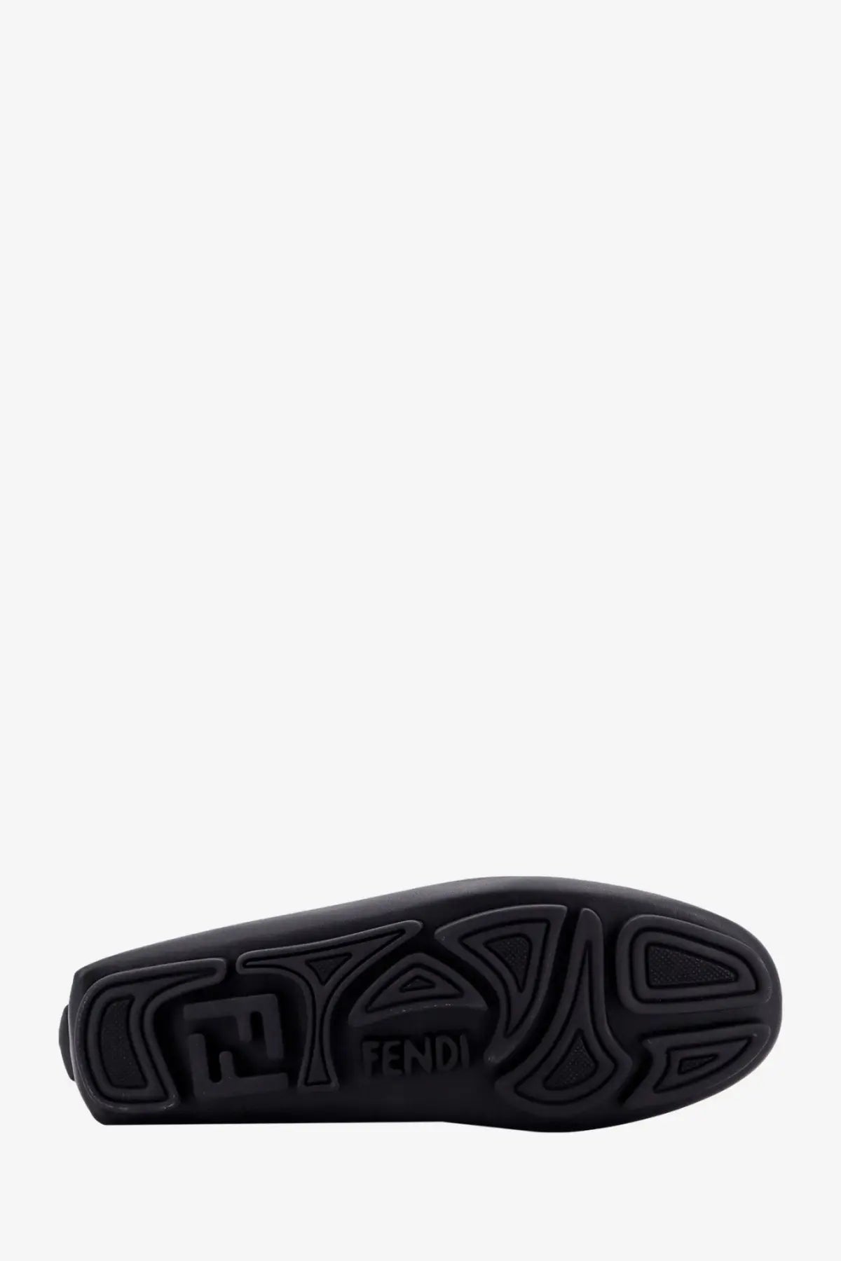 Black rubber sole with embossed fendi logo and geometric patterns on fendi men’s leather and canvas loafers black
