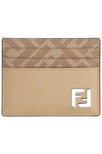Beige fendi men’s leather card holder with patterned top section and silver-toned logo emblem