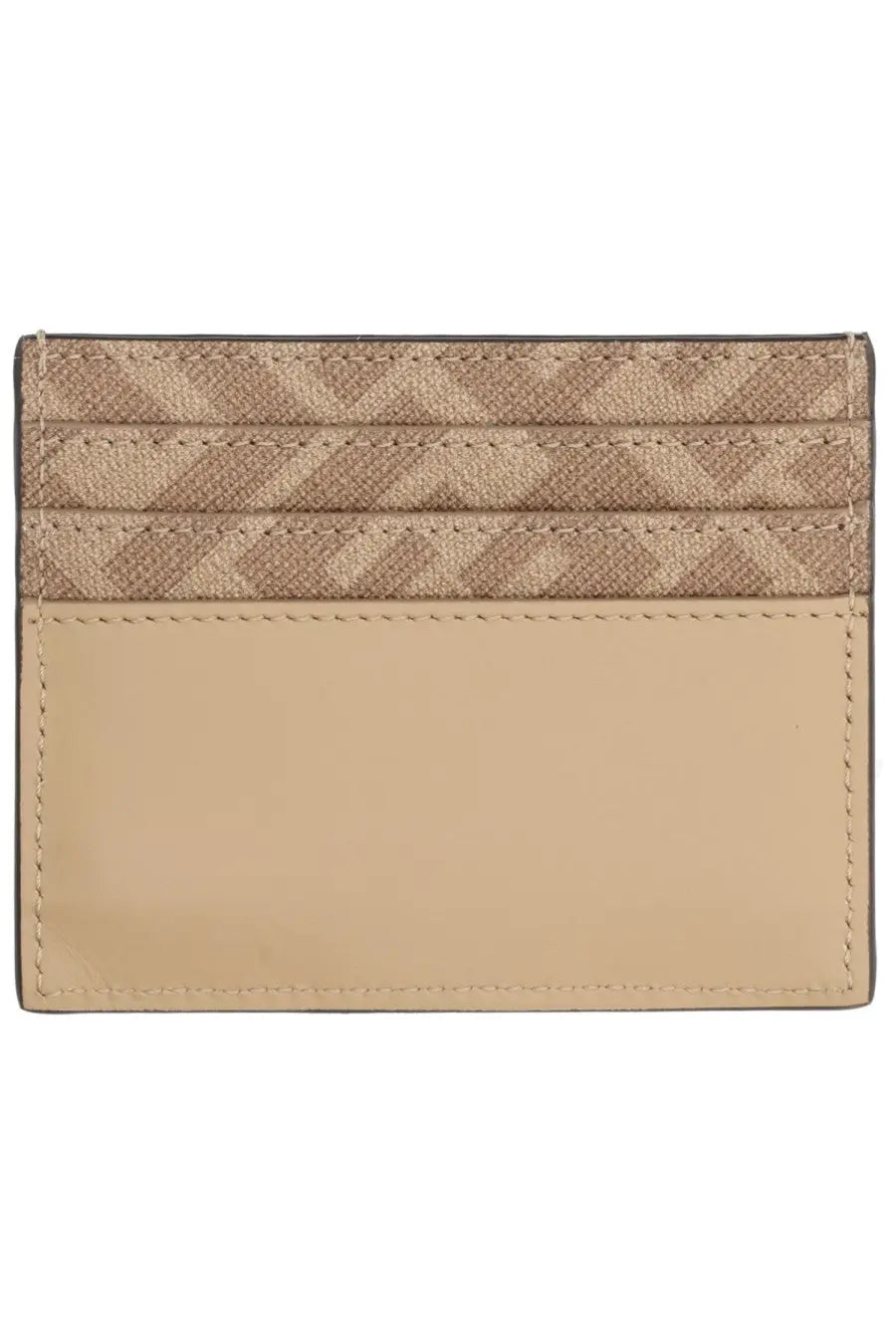 Fendi men’s beige leather card holder with a subtle diagonal pattern and smooth solid leather below