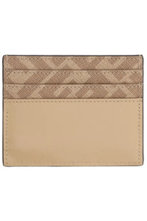 Fendi men’s beige leather card holder with a subtle diagonal pattern and smooth solid leather below