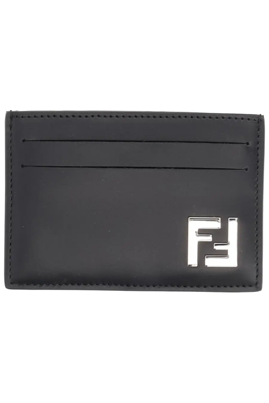 Fendi men’s black leather card holder with silver-toned ff logo emblem on the front side