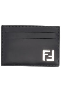 Fendi men’s black leather card holder with silver-toned ff logo emblem on the front side
