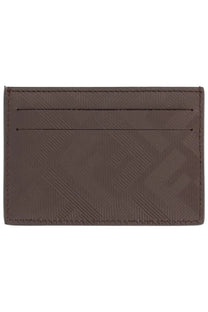 Fendi men’s leather card holder in brown with embossed diagonal pattern and stitched edges