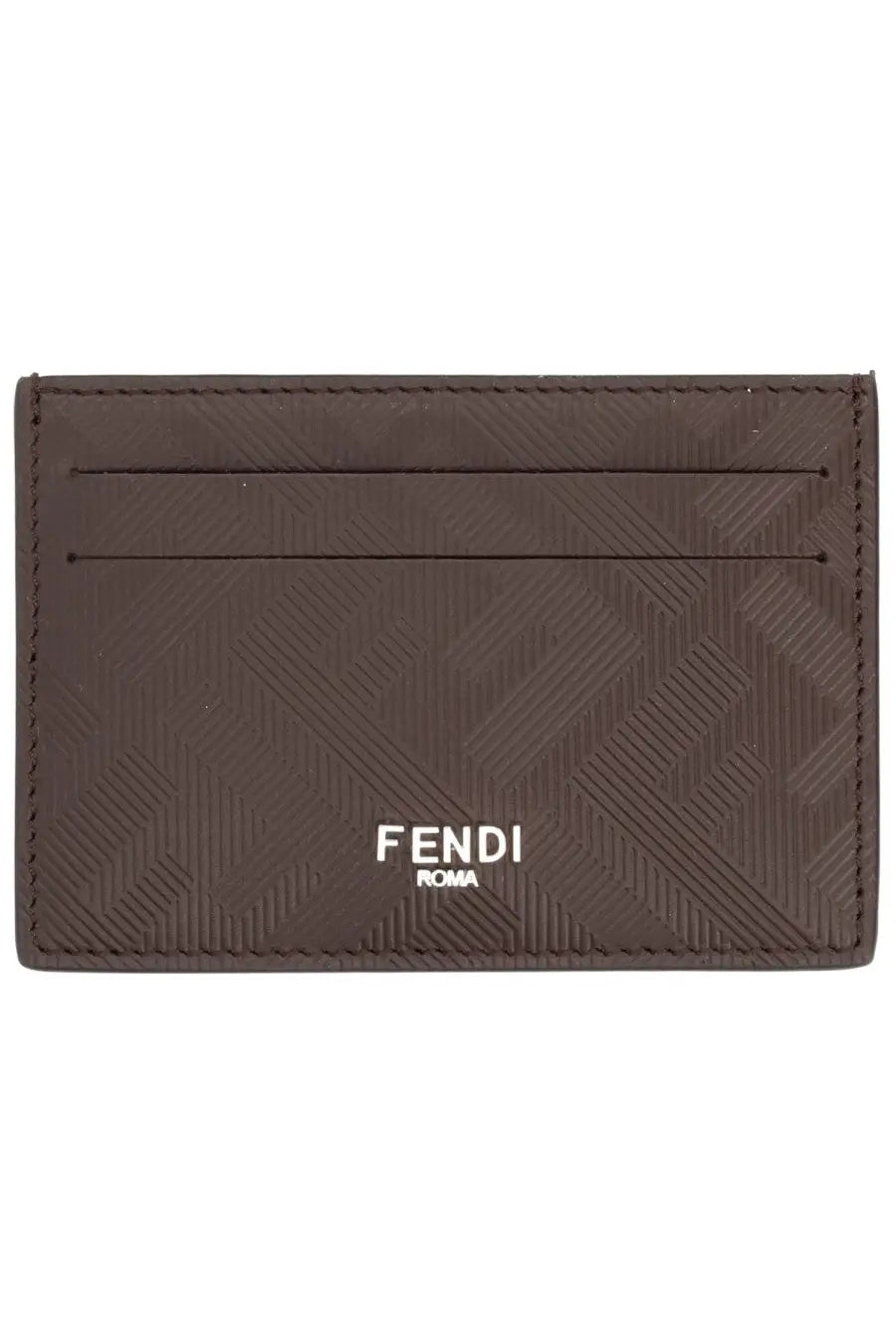 Brown Fendi Roma leather card holder with textured diagonal pattern and white logo for men multicolor accessory