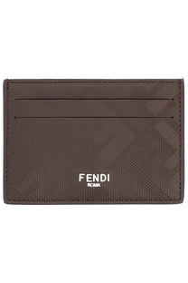 Brown Fendi Roma leather card holder with textured diagonal pattern and white logo for men multicolor accessory