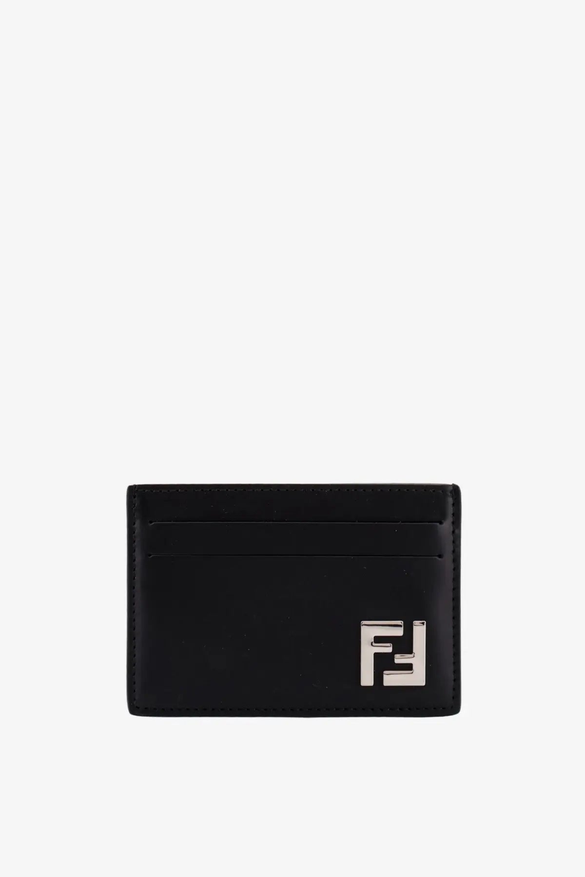 Fendi men’s black leather cardholder with silver-toned ff logo emblem front view