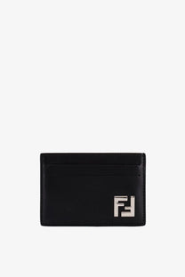 Fendi men’s black leather cardholder with silver-toned ff logo emblem front view