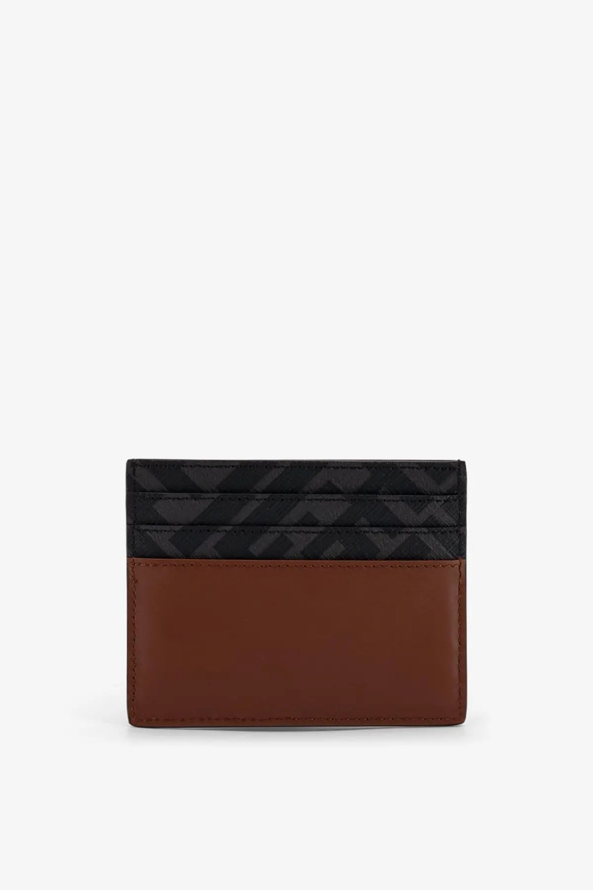 Fendi men’s brown leather and ff fabric card holder with black geometric pattern on top half