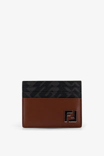 Fendi men’s brown leather card holder with black patterned top and metallic Fendi logo front view