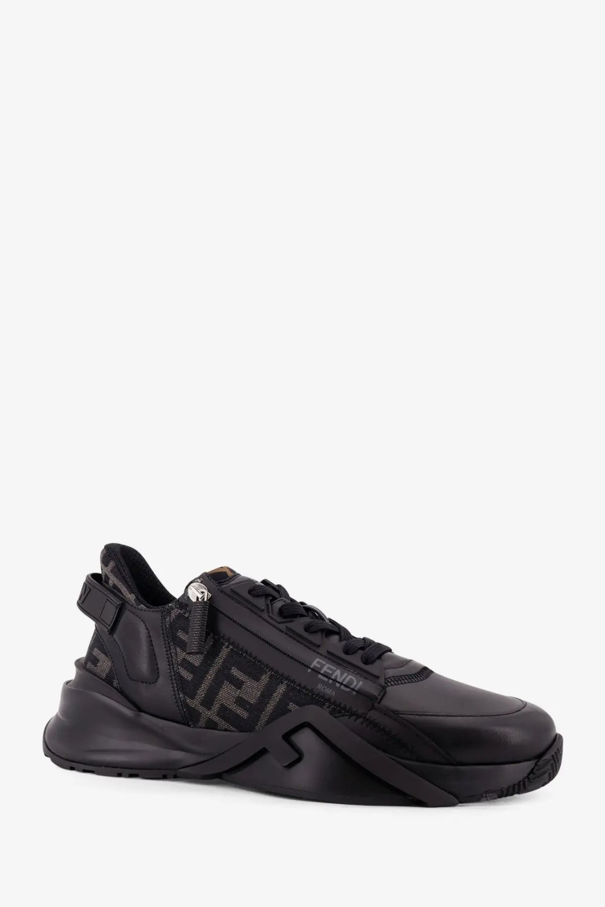 Fendi men’s black leather flow sneakers with bold chunky sole and signature ff logo pattern on the side
