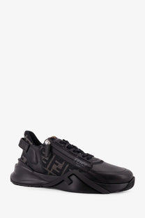 Fendi men’s black leather flow sneakers with bold chunky sole and signature ff logo pattern on the side