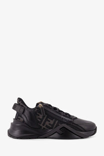 Fendi men’s black leather flow sneakers with bold chunky sole and signature ff logo pattern on the side