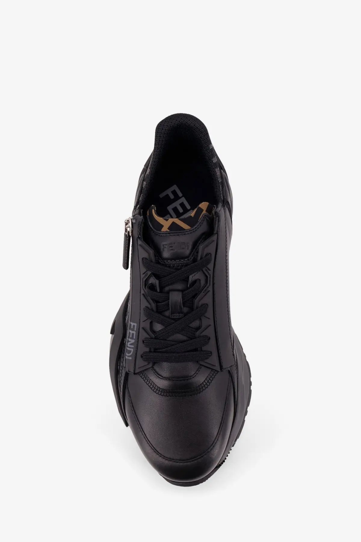 Black fendi men’s leather flow sneaker with glossy leather upper textured side panels and bold chunky sole
