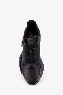 Black fendi men’s leather flow sneaker with glossy leather upper textured side panels and bold chunky sole